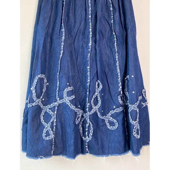Reba Womens Denim Midi Skirt M Cowgirl Boho Festival Studded Pull On Cottagecore - Picture 6 of 9